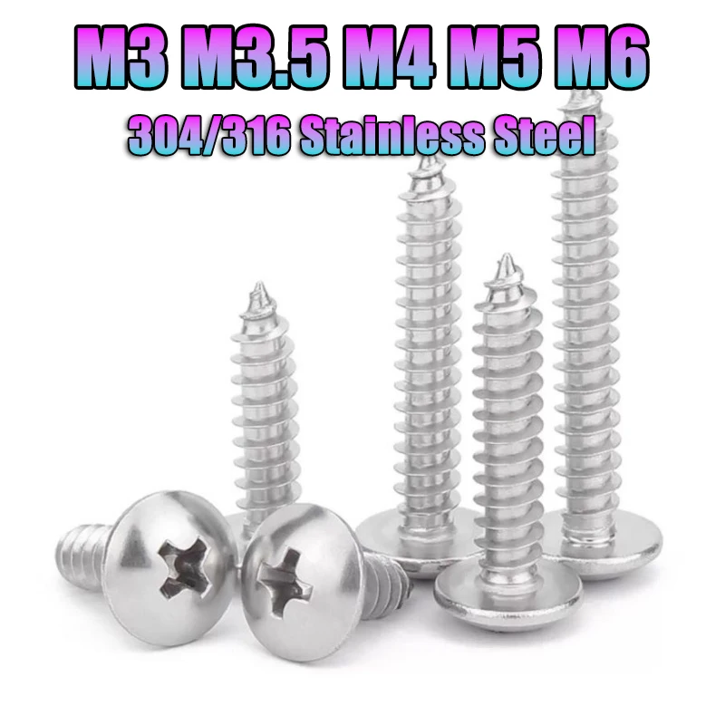 Phillips Truss Head Self-tapping Screw M3 M3.5 M4 M5 M6 304/316 Stainless Steel Cross Recessed Mushroom Umbrella Head Wood Screw