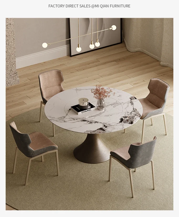 Light extravagant rock plate with turntable round rotatable high-end built-in bright dining table and chair combination