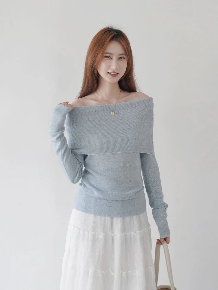 

oulder Bared Long Sve Knitted Sweater Women's Slim Fit Sli Versatile Blue Soft Sle Spring Season Casual Wear Top