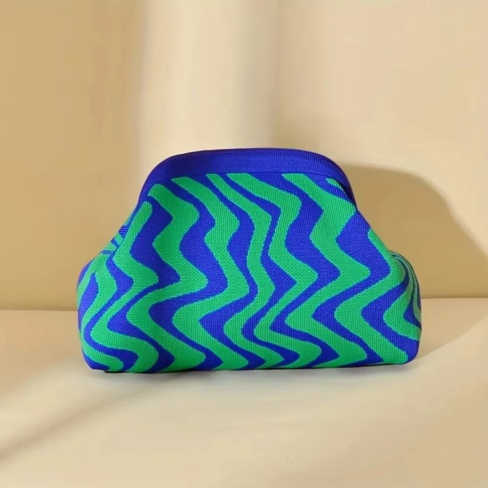 Vintage Knitted Coin Purse Wavy Pattern Geometric Striped Crochet Clutch Bag Large Capacity Polyester Hand-holding Dumpling Bag