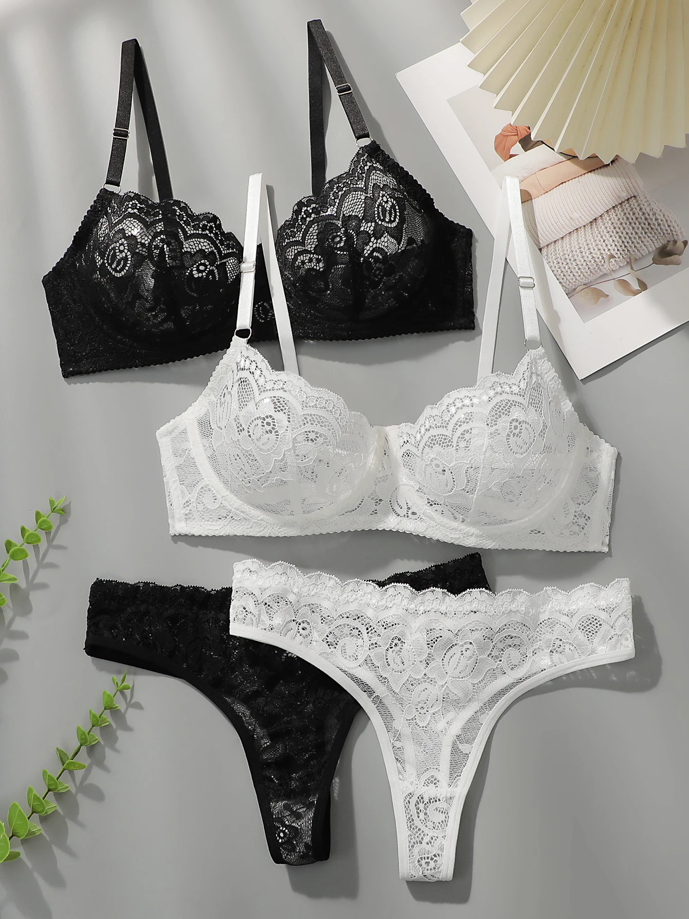 Ropa interior de Tanga de encaje sexy de 2 piezas de alta calidad para mujer conjunto de sujetador de anillo de acero de encaje hermoso y ligero A8101