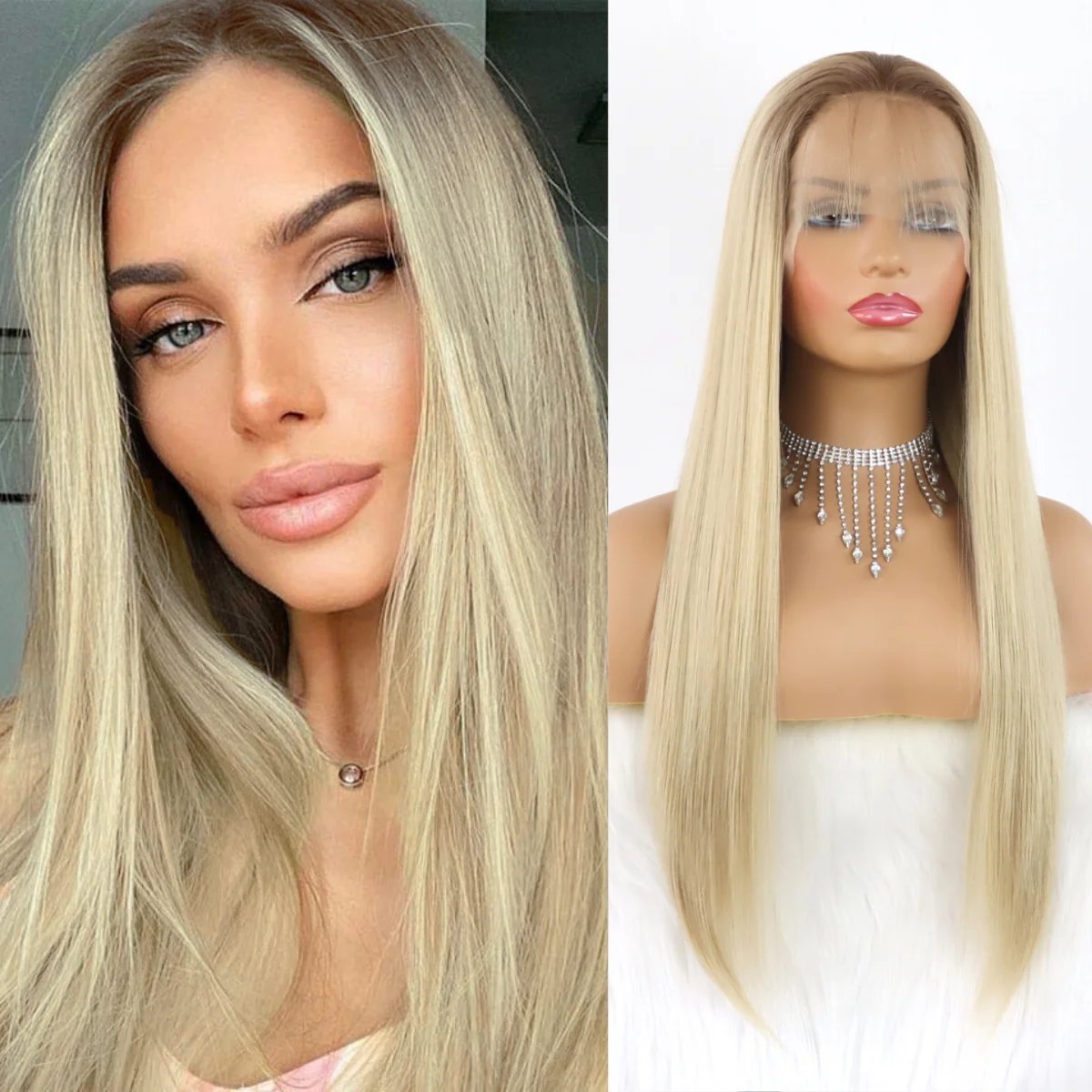 Ash Blonde Ombre Long Straight Synthetic Lace Front Wig Pre Pucked Blonde Glueless 13x4 Lace Front Wigs for Women Heat Resistant