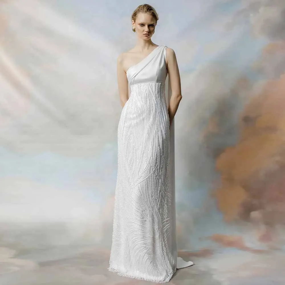 Dreamy 2025 Bride Gowns for Women Satin Sheath/Column Wedding Dresses Women White One-shoulder Pearls Draped Wedding Dresses