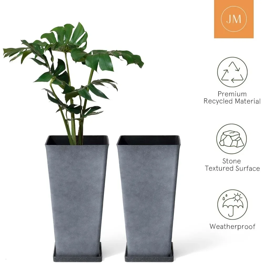

26 Inch Tall Planters Pack of 2 – Large Weathered Resin Rectangular Flower Pots for Indoor, Outdoor Patio & Deck