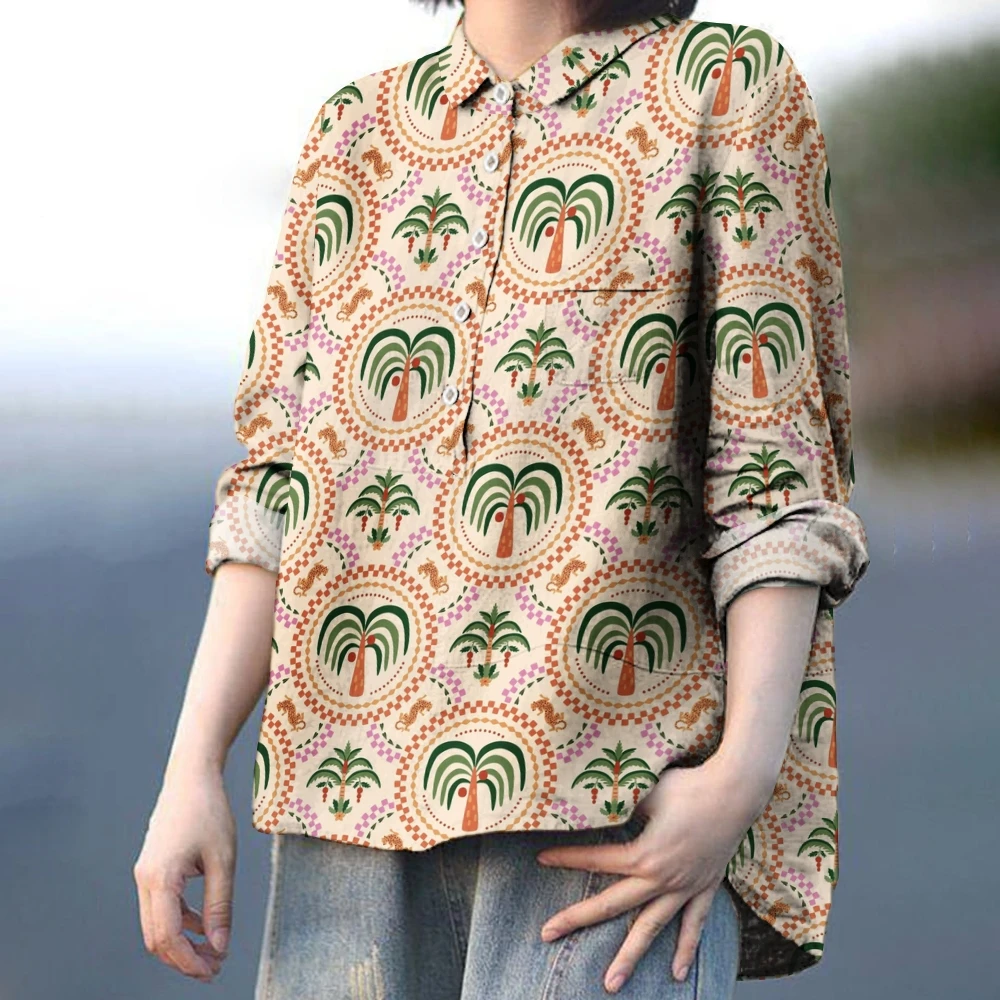 

Palm Tree & Geometric Printed Shirt Button-Up Shirts with Tropical Prints Casual Geometric Designs Blouse Prints Mix & Match