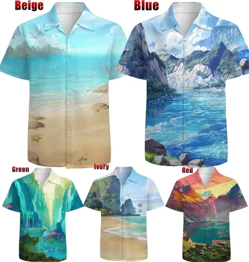 2023 Hawaii Shirts And Natural Scenery Men's Large 3D Print Beach Retro 5xl Fashion Top Man Casual Single Breasted Short Sleeve