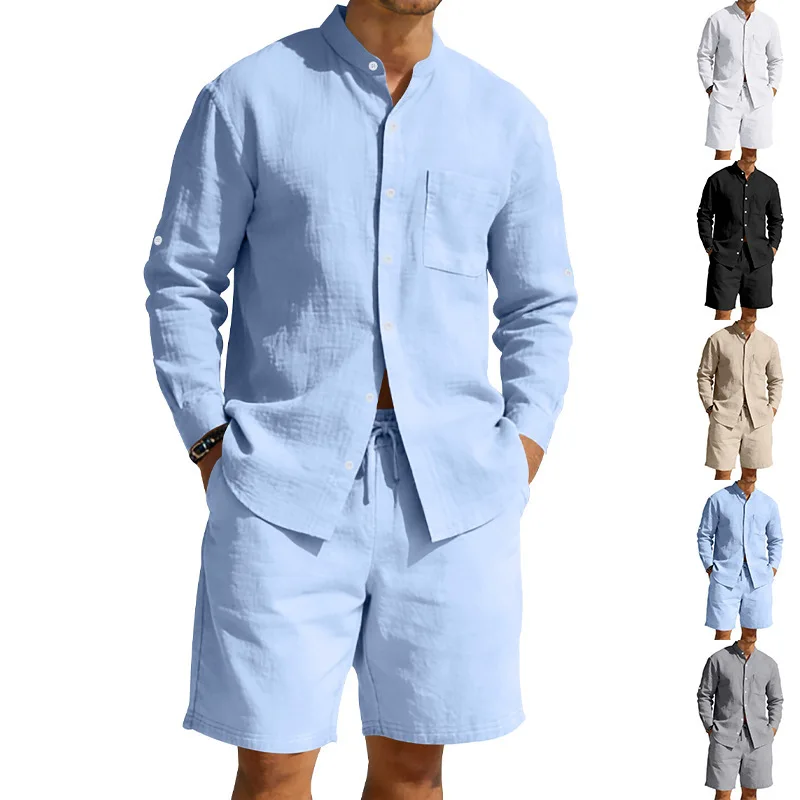 

Men's 2026 Fashion Linen Shirt Beach Casual Buttoned Collar Long Sleeve Blouse Shorts Set - Elegant Summer Outfit