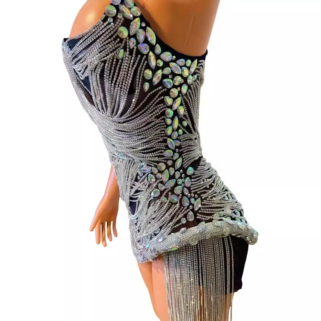 فستان سهرة أنيق فاخر ولامع ومنظور أسود من حجر الراين فستان سهرة شفاف للجسم من Flecos Vestidos Elegantes Mujer De Fiesta