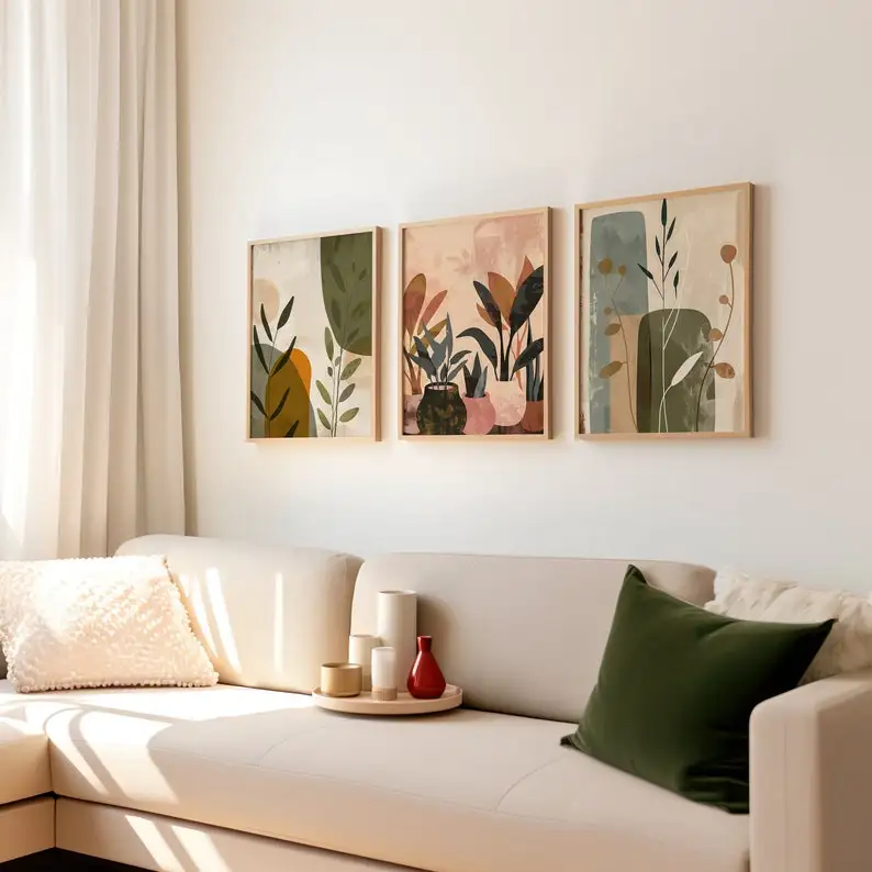 Lot de 3 affiches murales bohèmes sur toile, tons terreux d'inspiration naturelle, pour décoration moderne de salon et de maison
