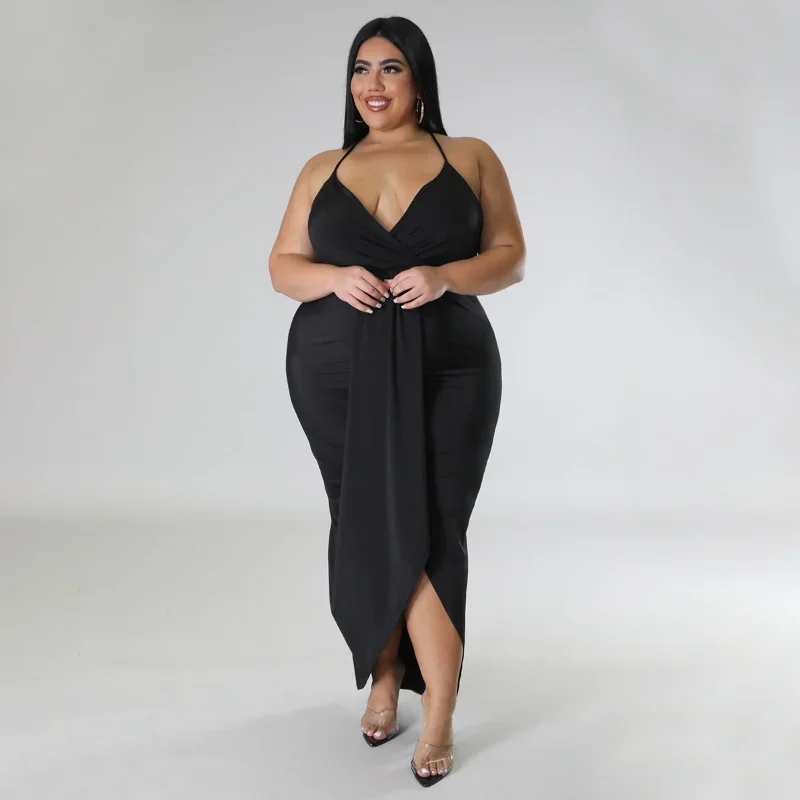 KEXU Wrap Deep V-neck Ruched Spaghetti Strap High Side Slit Maxi Plus Size Women Dress Sexy Party Club Even Bodycon Dress