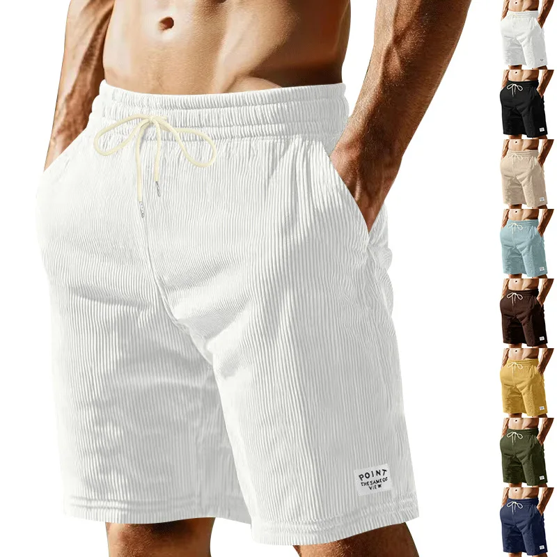 Men Vertical Ribbed Drawstring Shorts Elastic Waist Label Decor Loose Summer Casual Shorts