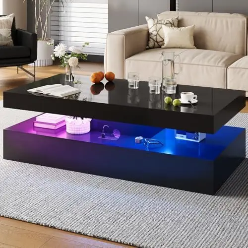 47” High-Glossy LED Coffee Table with 2 Sliding Drawers, Living Room Storage Coffee Tables, Modern Stylish Double-Layer