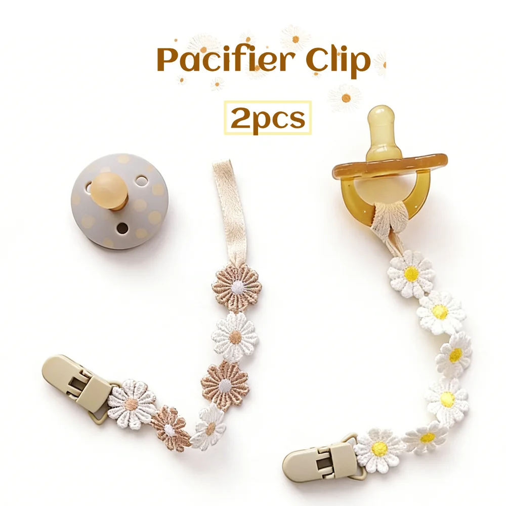 2pcs Daisy Pacifier Clip for Boys & Girls, Floral Macrame Baby Paci Holder Leash, Boho Wooden Handmade Newborn Gift, Daily Use U