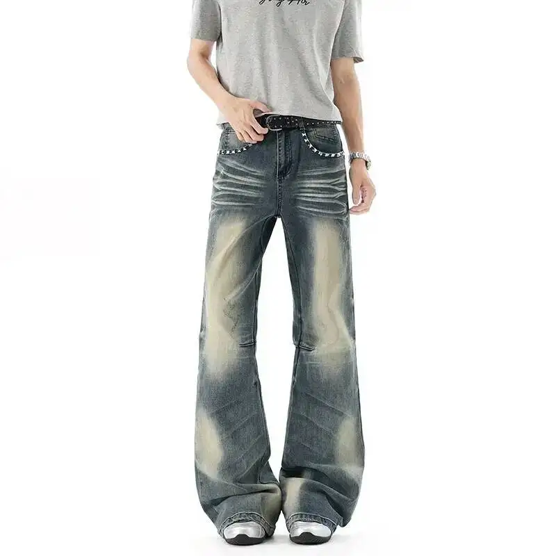 Rivet Spliced Stretch Straight Flare Denim Pants For Men Heavy Vintage Washed Jeans Casual Street Long Trousers WYP7