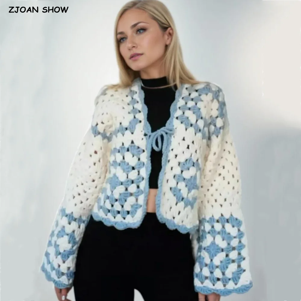 

BOHO Цветной клетчатый кардиган с цветком, связанный крючком вручную, этнический женский кардиган с v-образным вырезом и бантом спереди, свободный короткий свитер с длинными рукавами, трикотаж, джемпер