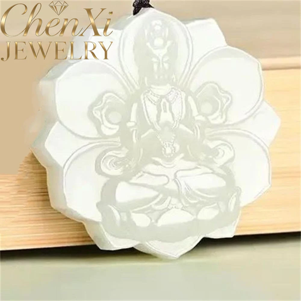 

High-End Natural Hetian Sheep Fat White Jade Lotus Avalokitesvara Pendant Luxury Quality Fashion Fine Jewelry Exquisite Elegant