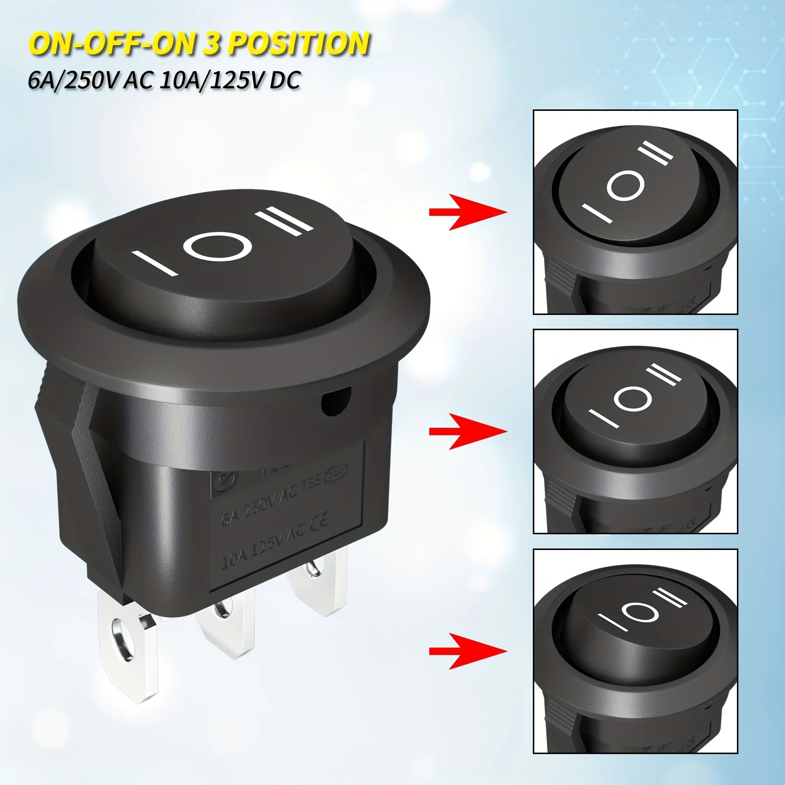 5pcs 12V Round Rocker Switch - 3-Position SPDT ON/Off/ON, Waterproof, 6A/250V AC 10A/125V DC, Circle Design with Wires - Perfect