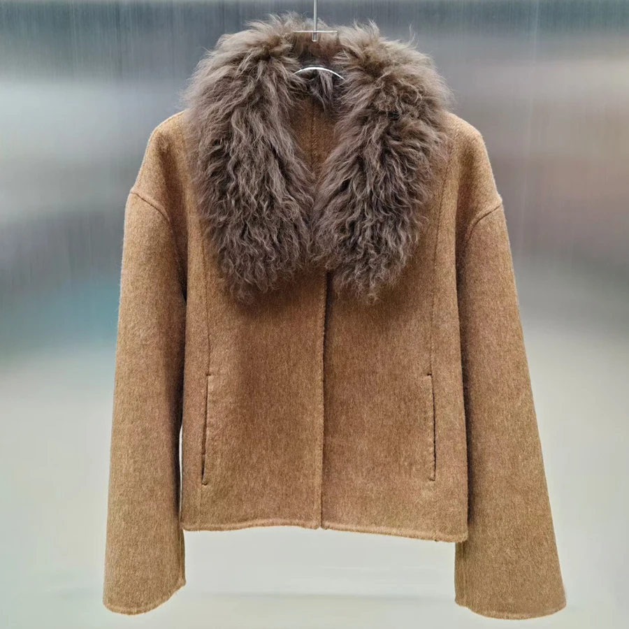 

Short Cashmere Wool Jacket With Lamb Fur Collar Natural Mongolian Fur Jacket Winter Coat For Women Luxury Wool Blend Jacket