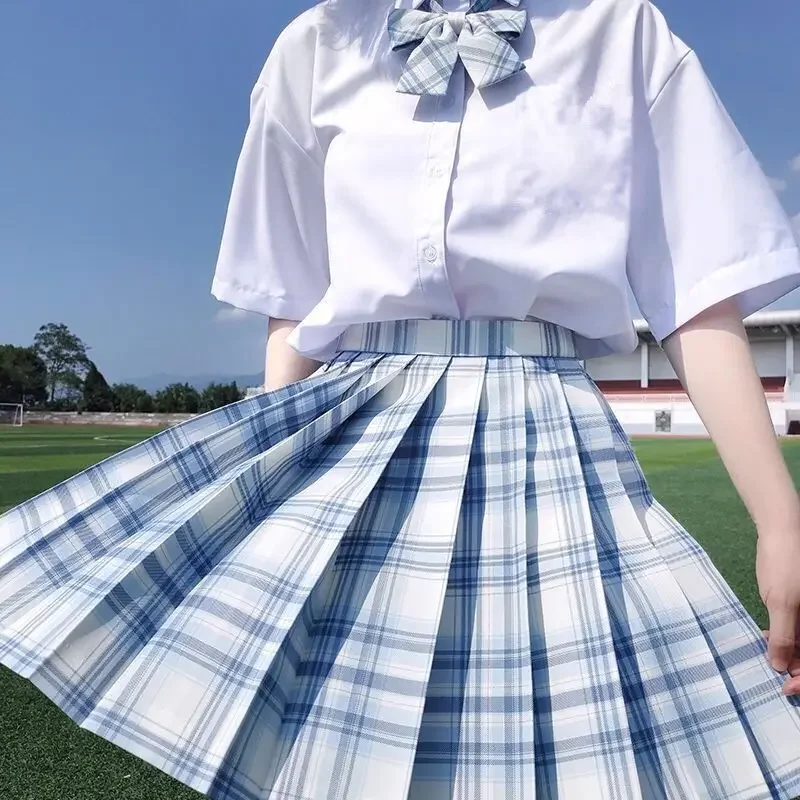 Japanese Student JK Uniform White Shirt Blue Bow Tie Gentle Pleated Skirt Plaid Skirt Tartan Kilt Suit for Girl Woman Maid Lady