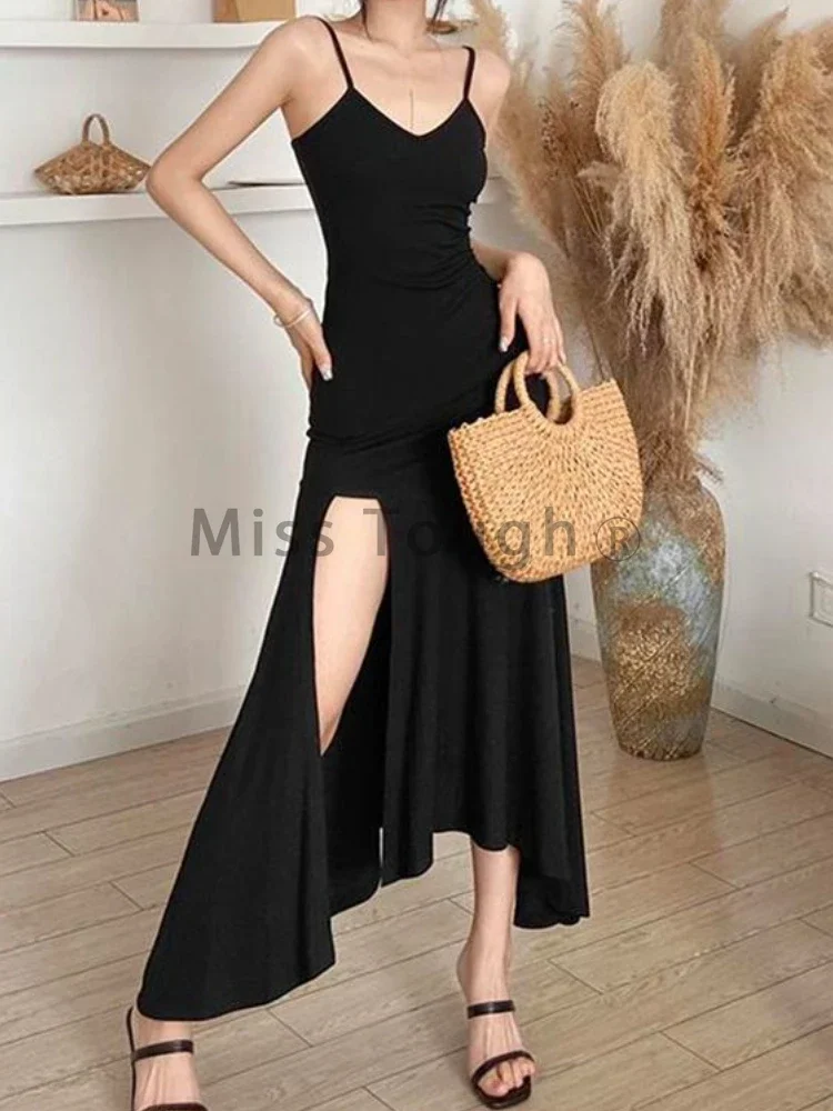 French Vintage Gothic V Neck 2 Piece Sets Women Autumn Solid Y2k Open Fork Dress+ Black Elegant Coat Female 2000s Chic Clothes