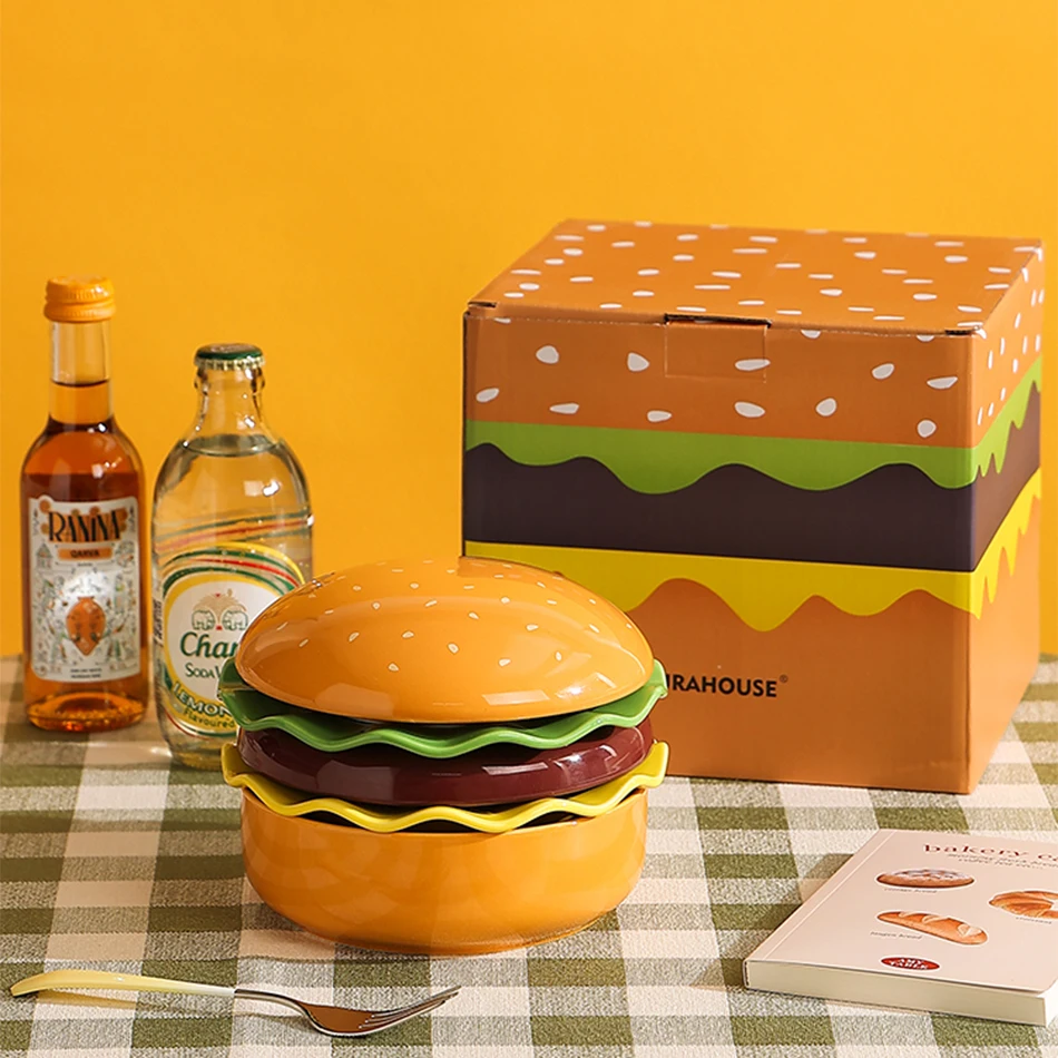 

Children's Cute Hamburgers Shaped Ceramic Tableware Household Plate and Bowl Set Suitable for Children's birthday gift