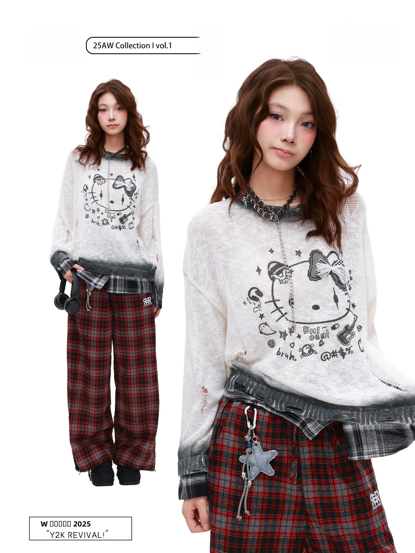 

PBB American Street Sle adient Plaid Spliced Long Sve T-irt Women's Loose Sweet Spicy Kit See-tough Cover up