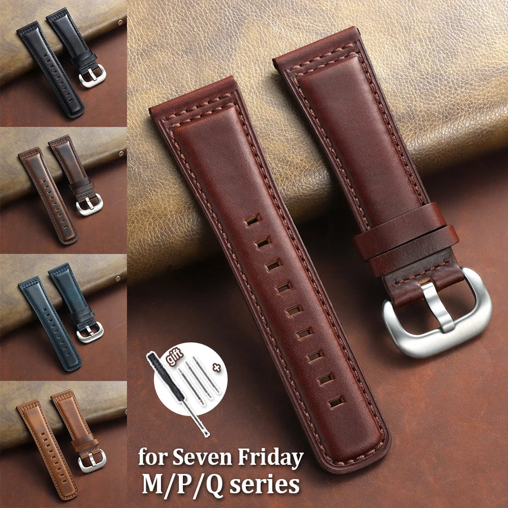 

28mm Genuine Leather Watchband for Seven Friday M/P/Q Series TopLayer Cowhide Strap Retro Oil Wax Brown Black Blue Men Wristbelt