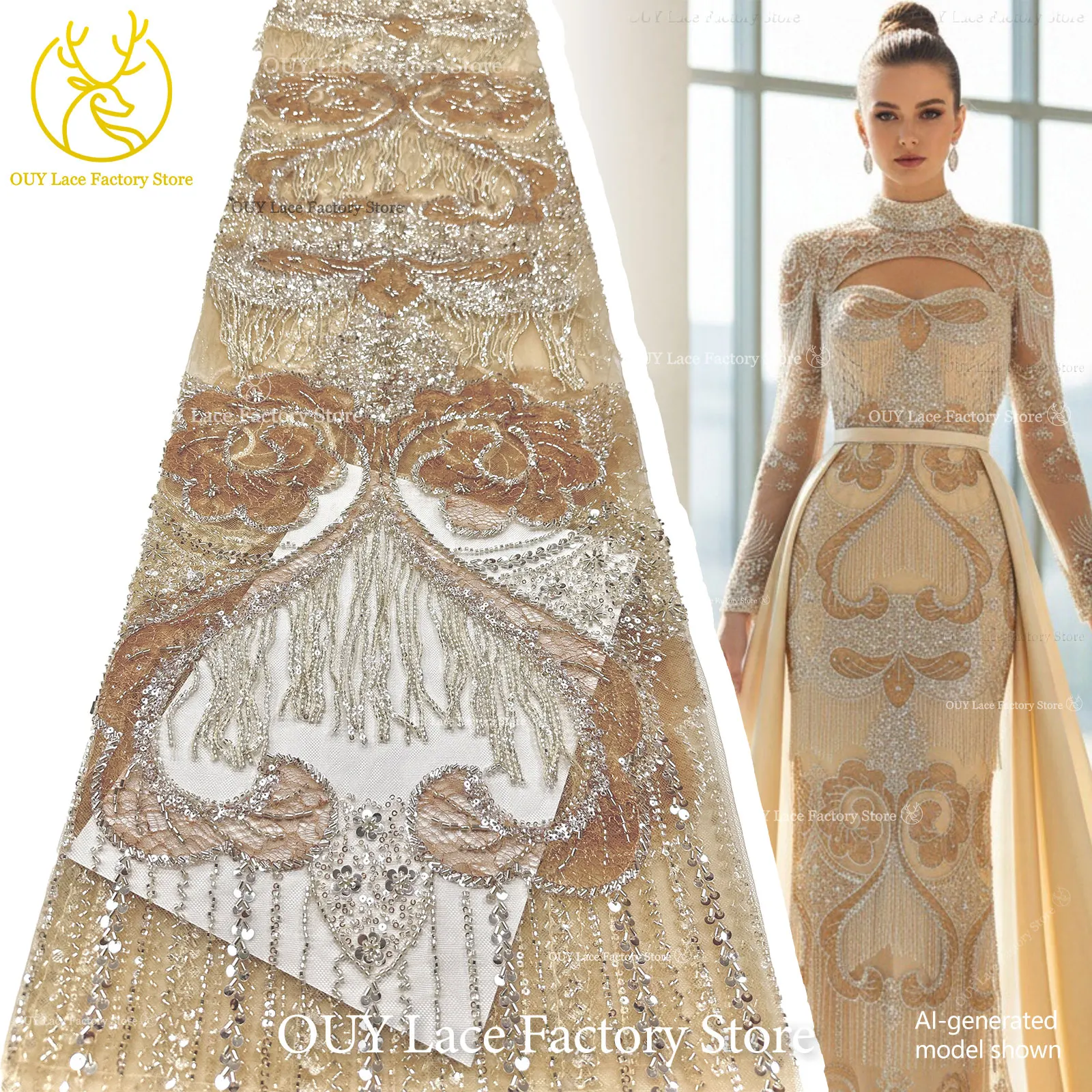 Goldene französische 3D-Laser-Quasten-Perlen-Spitze, luxuriöser afrikanischer Pailletten-Spitzenstoff, nigerianischer Mesh-Spitzenstoff für Damen-Hochzeiten – Detail 4