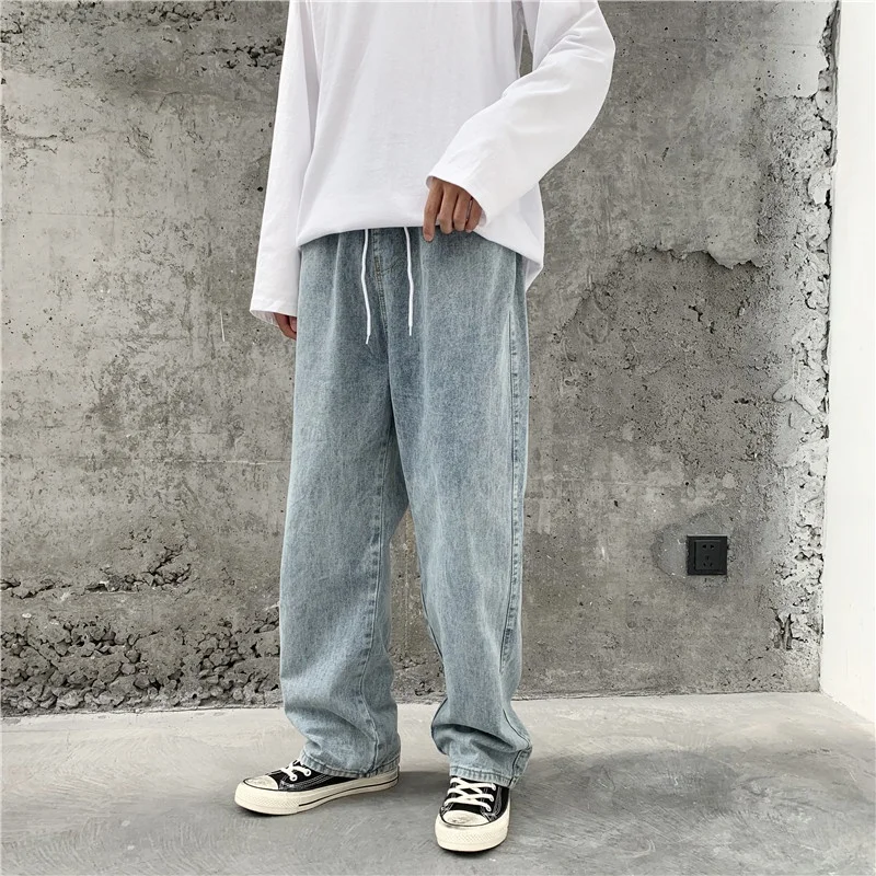 Trendy Dad Wide Leg Jeans Men's Loose Straight Cut Student Versatile Jeans High Waist Zipper Casual Loose Long Pants