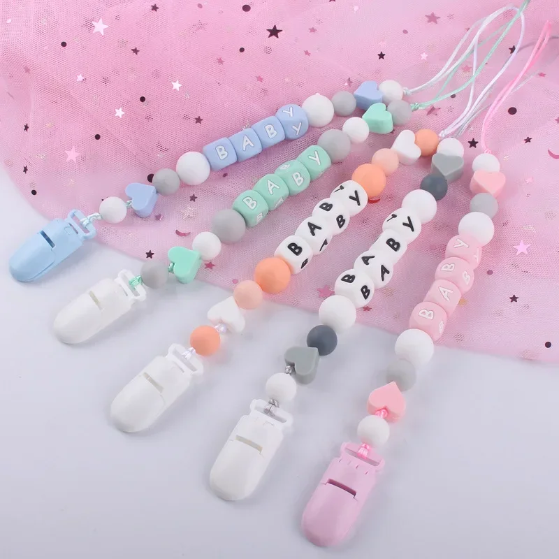 Baby Pacifier Clips Personalized Name Candy Color Silicone Letter Heart Dummy Nipples Holder Clip Chain Teething Toy Accessories