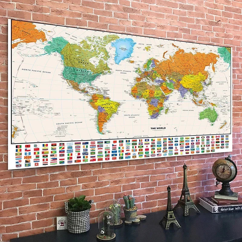 Mapa świata z flagami narodowymi 150x100cm malarstwo ścienne plakat artystyczny włóknina materiały edukacyjne dla dzieci Decor