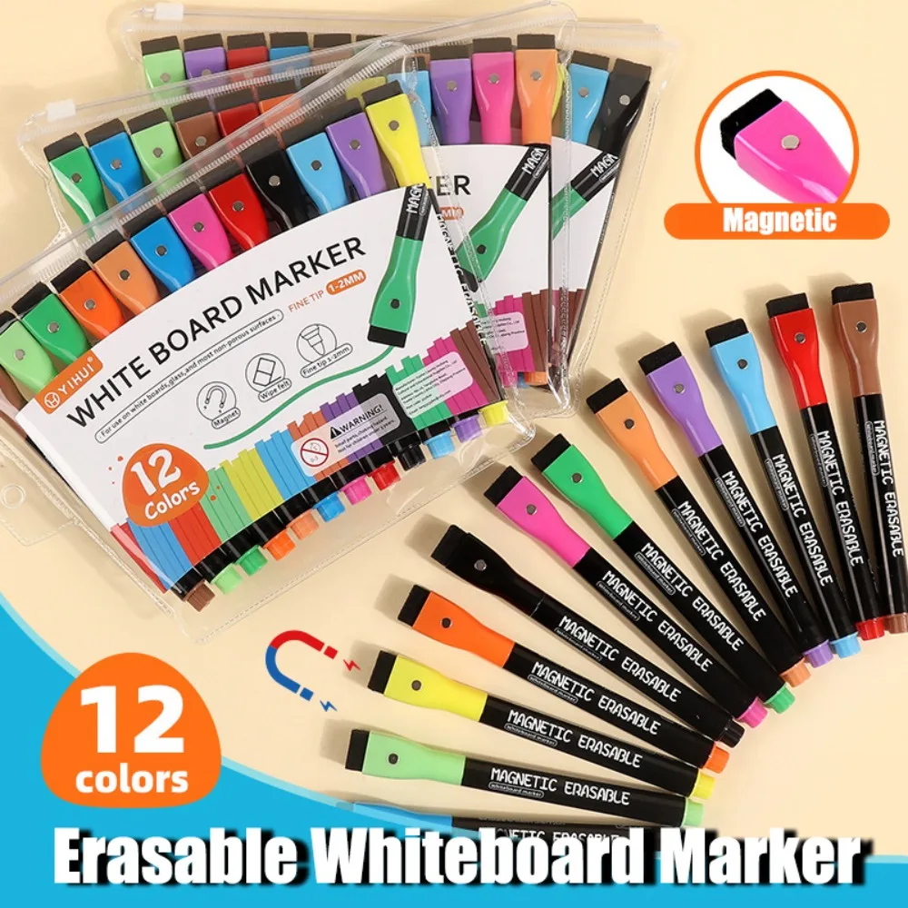 Multifunction Fine Nib Colorful Whiteboard Marker Magnetic Erasable Drawing Pen Waterborne Brush Marker Pen Children Doodle