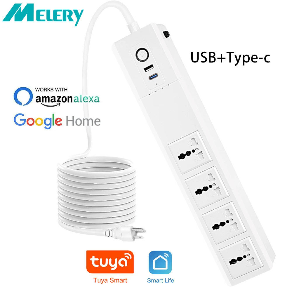 

Melery Tuya WiFi Smart Power Strip Universal Outlets Plug Sockets USB Remote Voice Control Surge Protector by Alexa Google Home