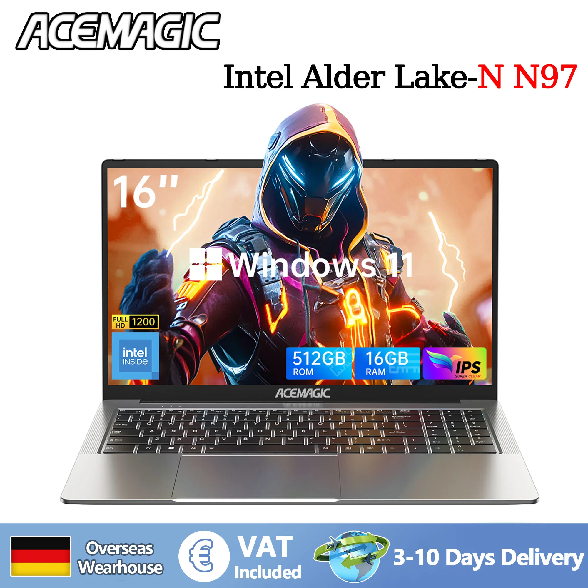 Portátil ultradelgado ACEMAGIC de 16 pulgadas, 16 GB de RAM, 512 GB de SSD, Intel N97, para gamers, pantalla de 1920 x 1080, ideal para oficina, estudio y PC con Windows 11.