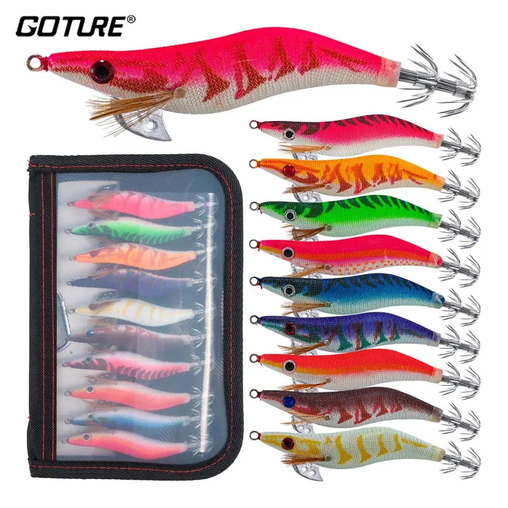 Goture 10Pcs Luminous Squid Lure Jig Hook Bait 3D Eyes Wood Shrimp Lure Squid Cuttlefish Jigs Fishing Lures 2.5 3.0 3.5 Hooks