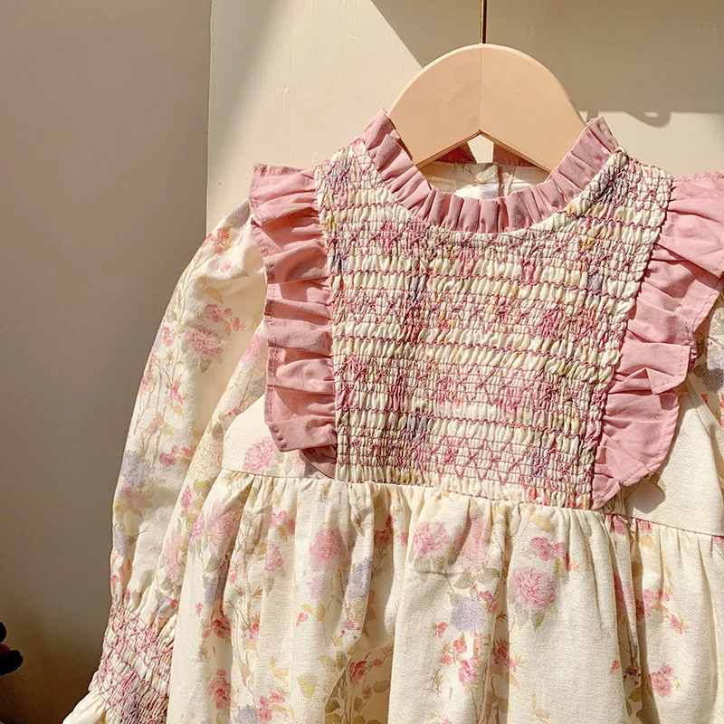 2026 Spring Korean Floral Temperament Children's Princess Dress Autumn French Standing Collar Pink Long Sleeved Girls' Dress