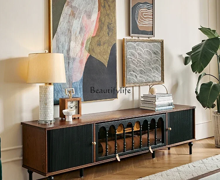 

French retro solid wood TV cabinet new high-end black medium-ancient styleL