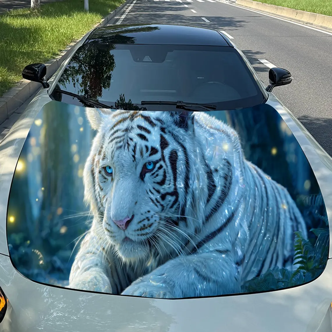 

Dreamy White Tiger in a Glowing Wilderness PVC Car Engine Hood Vinyl Wraps, Self-Adhesive Waterproof Car Hood Decal Sticker, Car
