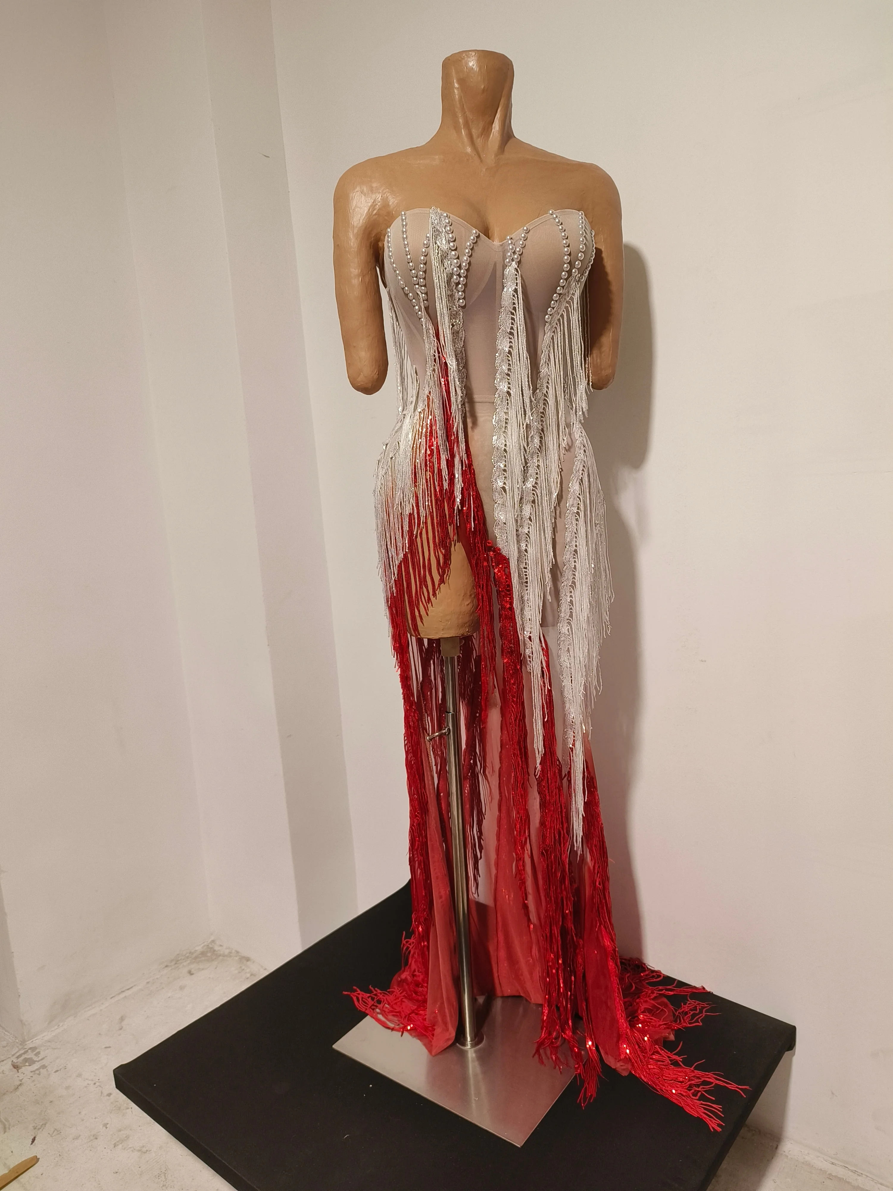 Women Two-color Fringe Tassel Evening Gown Strapless Pearl Embellished Sheer Mesh High Split Long TrainDance Stage Show Costume