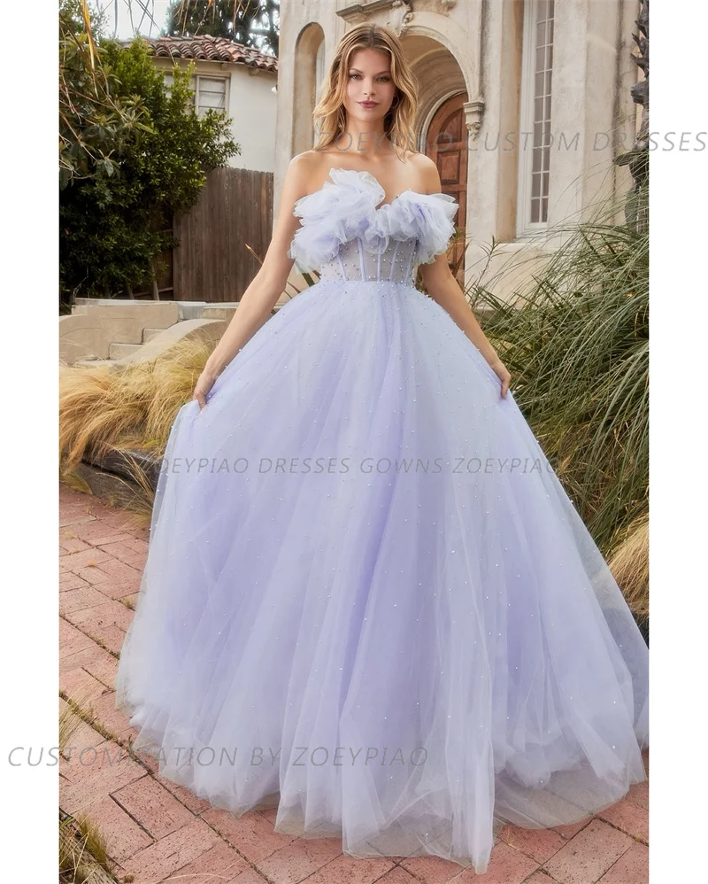 Vestido de noche largo plisado sin mangas para novia, traje de fiesta de tul de lavanda, color morado, sin tirantes, 2024