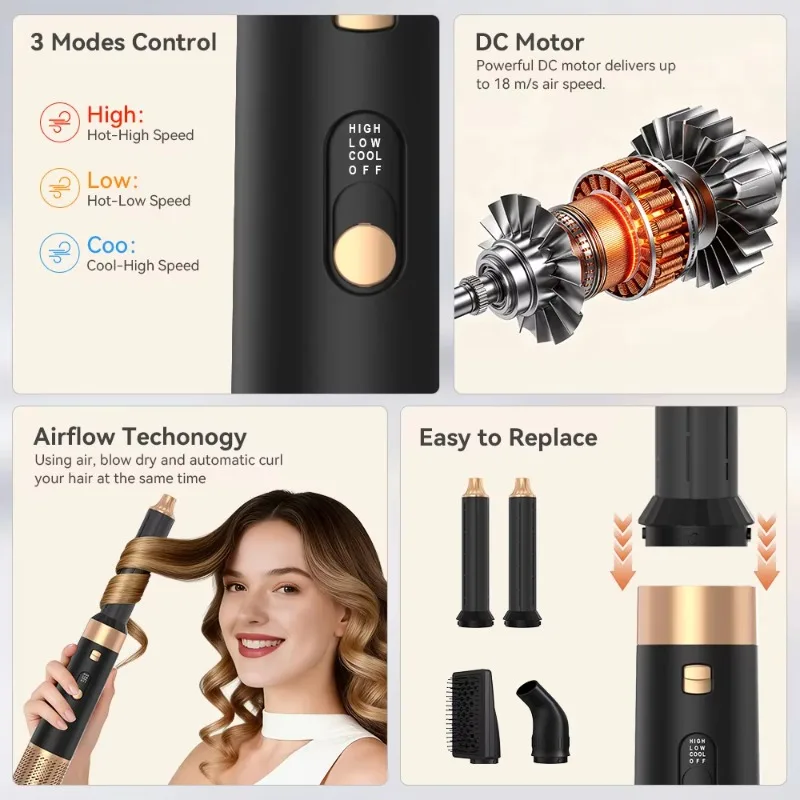 6‑in‑1 Multi‑Functional Hair Styling Tool One‑Step Hot Air Brush, Blow Dryer Straightener Curler Styling Set