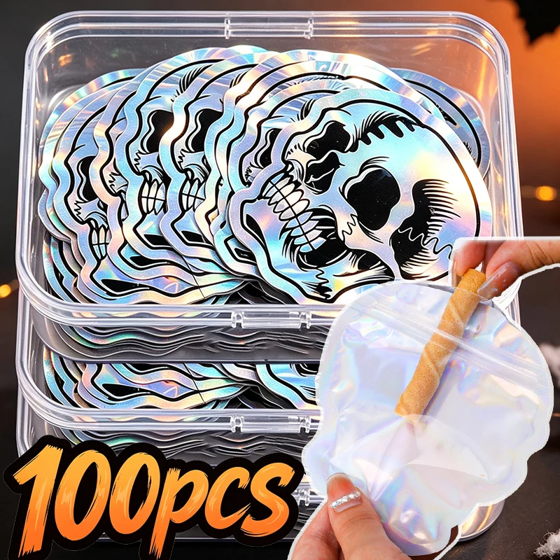 5/100pcs Halloween Skull Candies Bag Laser Self Sealing Gift Packaging Bags Reusable Cookie Storage Pouch Home Kids Party Favors