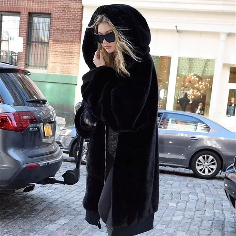 Fashion Runaway Gigi Iconic Long Faux Fur Coat Women 2023 Winter Luxury Brand Thick Warm Hooded Jacket Fake Rabbit Fur Overcoats