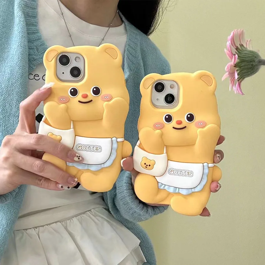 Cute Cartoon Animal 3D Say Hi Bear Funny Phone Case For iphone 15 14 13 12 11 Shockproof Bumper Soft Silicone bubble Phone Cover