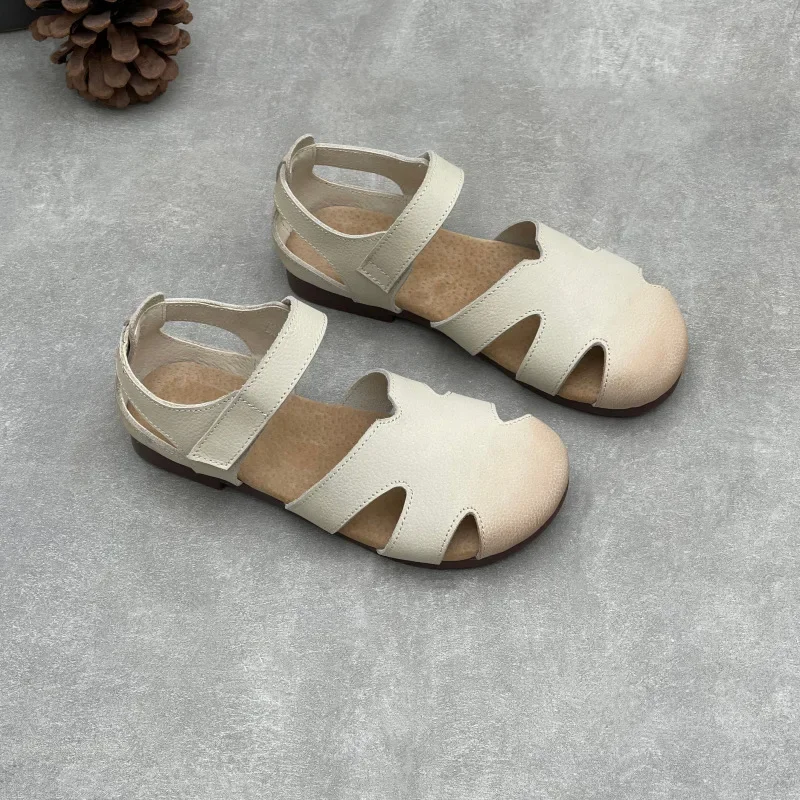 2026 Summer Women Genuine Leather Flat Sandals Closed Round Toe Cutout Soft Cowhide Hook and Loop Casual Comfort Walking Shoes