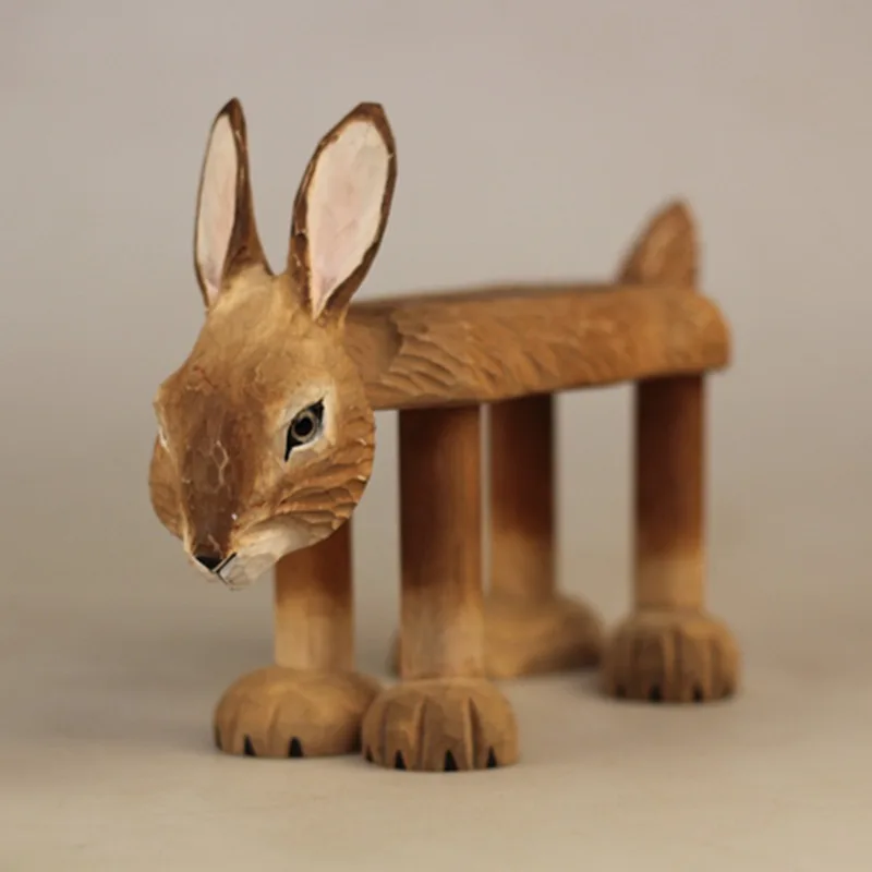 Rabbit Shaped Solid Wood Stool, Hand-Carved, Shoe Changing Bench for Entryway, Sturdy Durable Creative Minimalist Home Decor