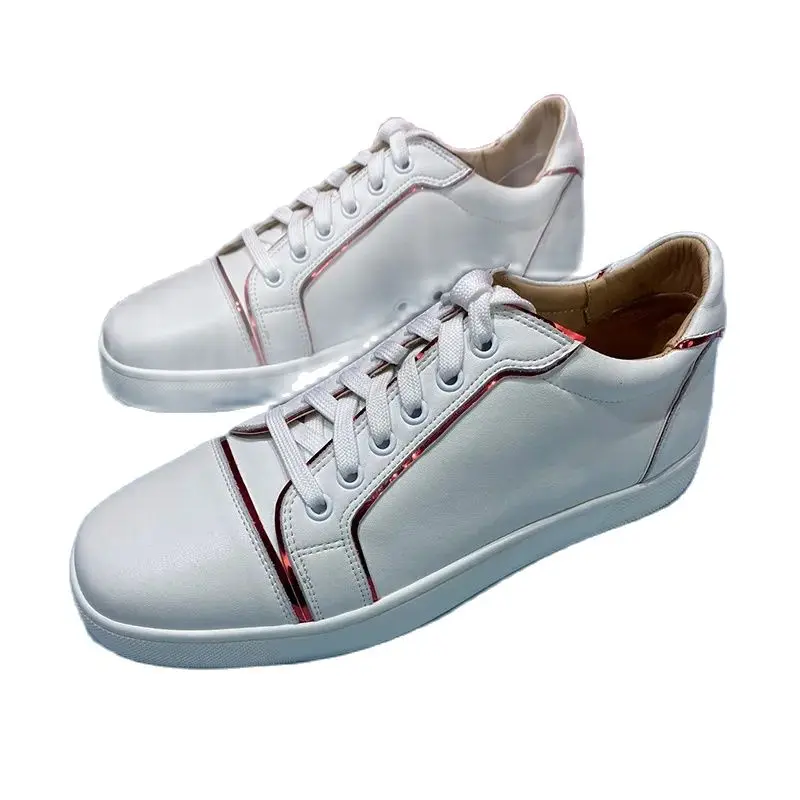 Round Toe White Men's Leather Sneakers Classic Flat Low Top Leather Lace Up White Shoes Comfort Walking Casual Shoes Men