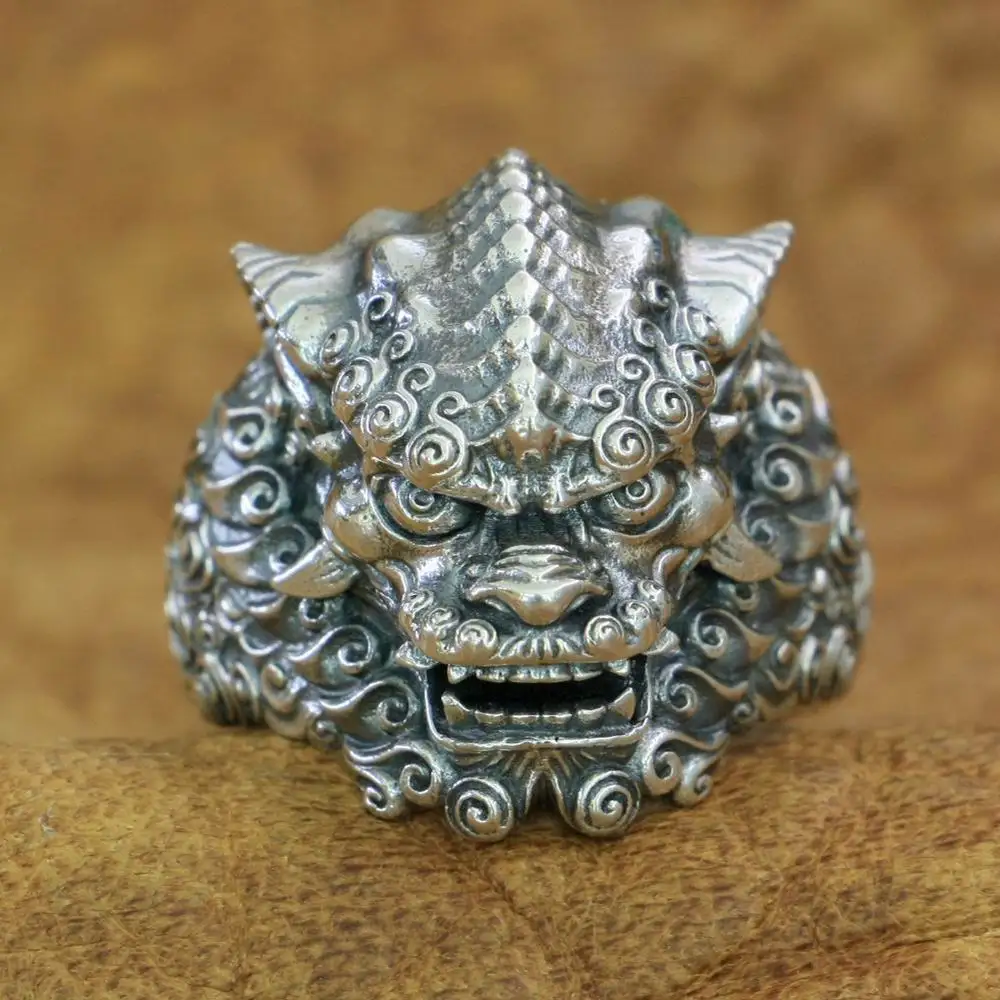 

Chinese Style Lion 925 Sterling Silver Biker Ring Punk Jewelry TA210 US Size 7~15