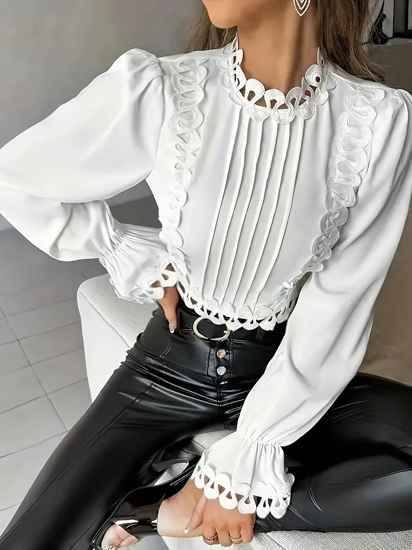 Plus Size 1XL-5XL Women's Ruffle Spring Elegant Standing Neck Top Women's Trendy Popular Plus Size Sleeves Top Clothing