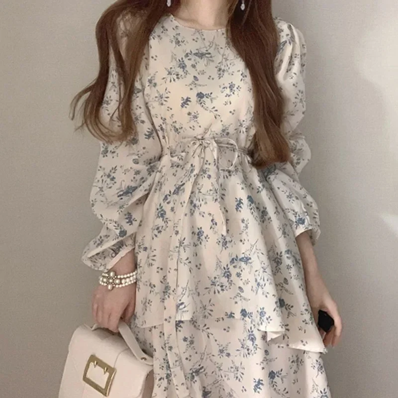 

Women Summer Lace Up Chiffon Dress French Sweet Elegant Midi Streetwears Korean Fashion Chic Floral Double Decker Skirt Y2k 원피스